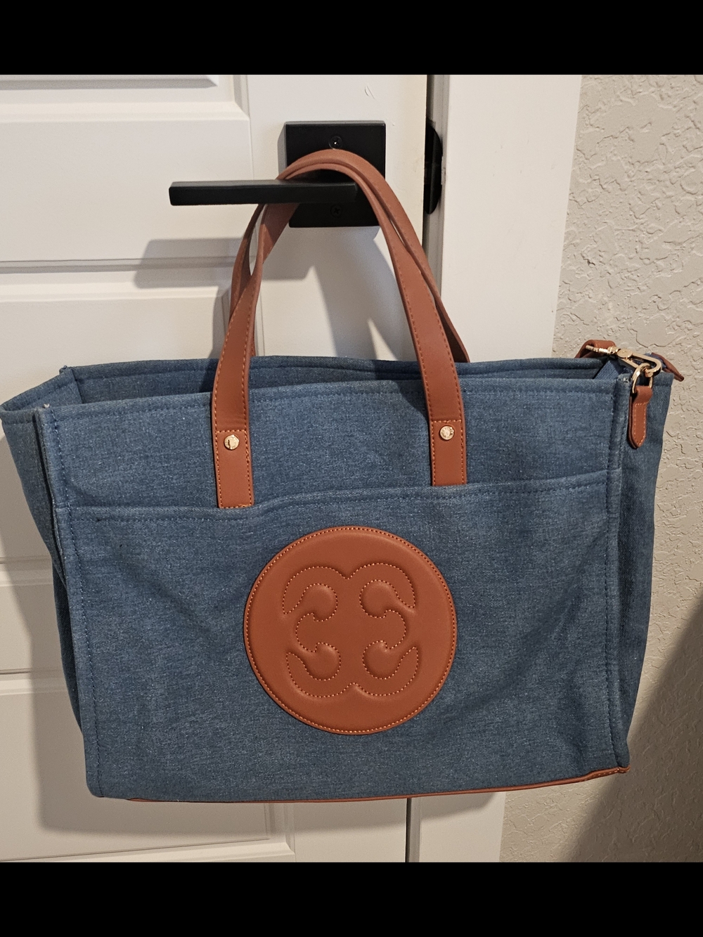 Blue Canvas Tote with Brown Trim